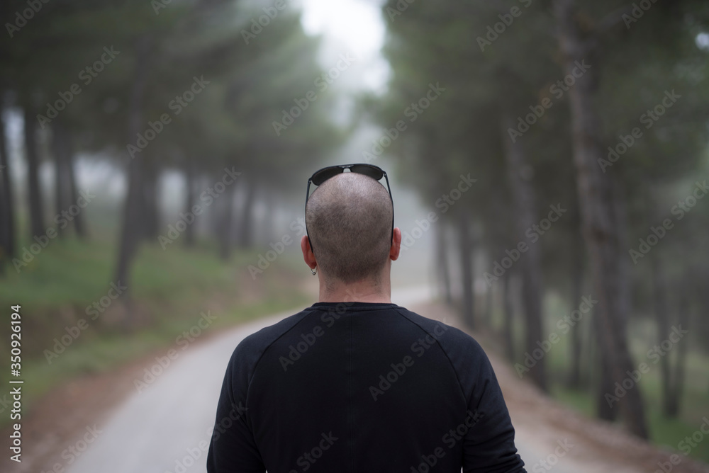 attractive bald man walks through the woods on a hike attractive bald man walks through the woods on a hike