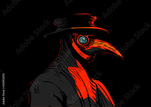 Plague doctor with bird mask and hat. Medieval spooky costume with long beak.