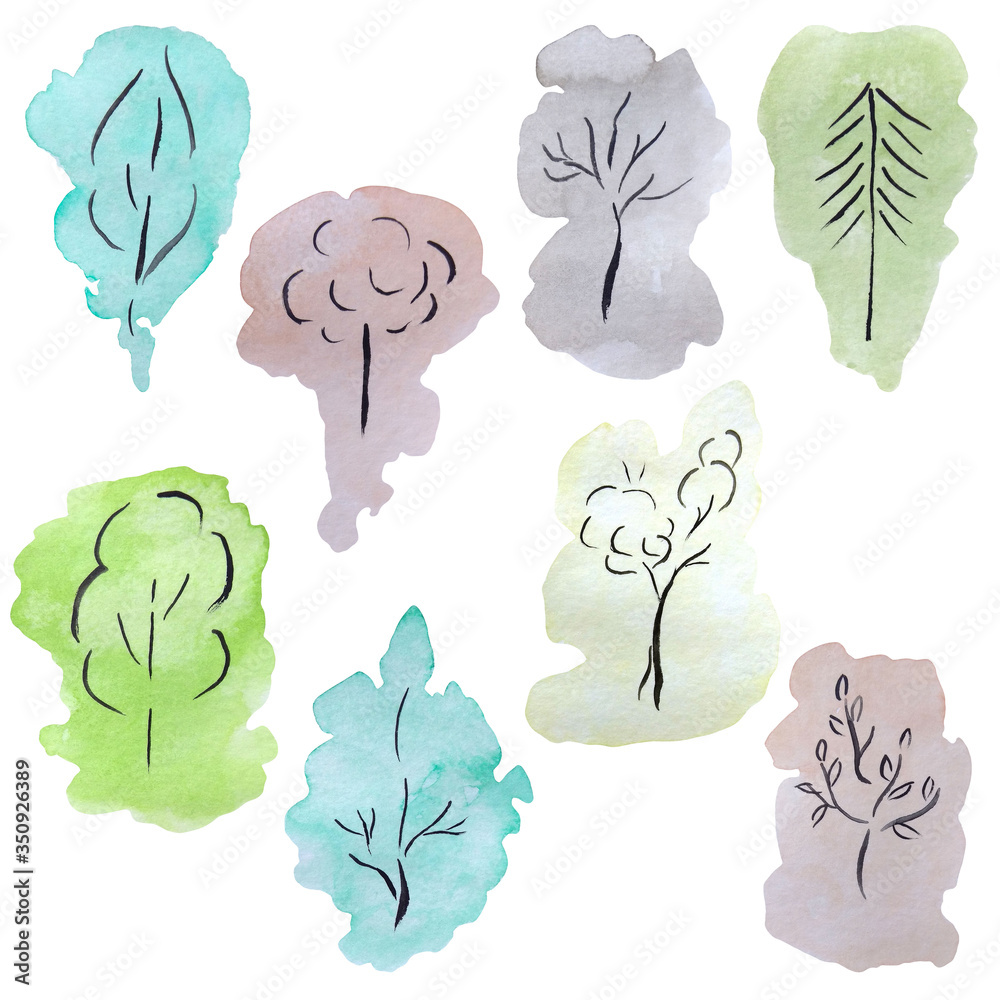 Silhouettes of trees on a watercolor background. Perfect in print, textile design, souvenir products. Postcards, invitations, photo albums, web sites and other creative ideas. Silhouettes of trees on a watercolor background. Perfect in print, textile design, souvenir products. Postcards, invitations, photo albums, web sites and other creative ideas.