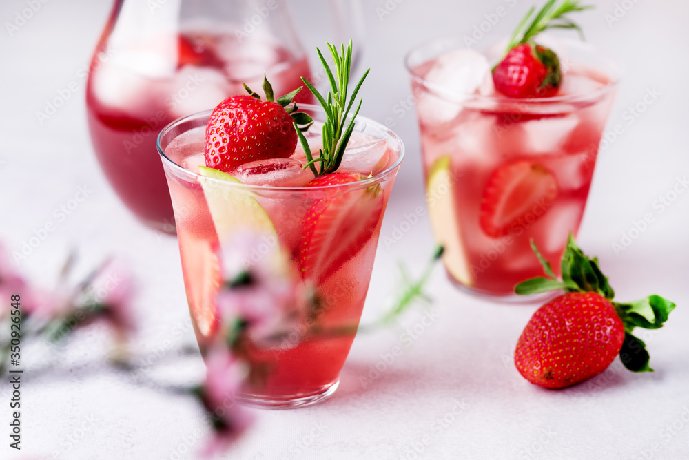 Glasses of Fresh and Cold Strawbery and Green Apple Lemonade Tasty and Healthy Summer Drink Cold Berry and Fruit Lemonade Horizontal