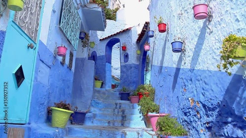 POV walk empty streets old blue city, Chefchaouen, Morocco