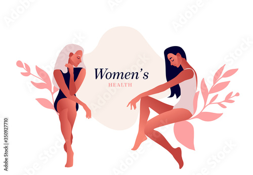 Sad women. Urinary incontinence, cystitis, involuntary urination woman vector illustration. Bladder problems. Menopause, women's health, genital infection, hygiene. Female problems