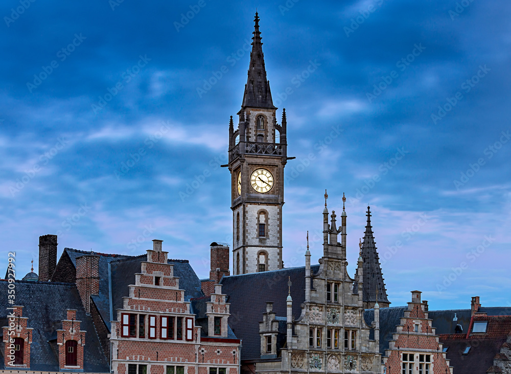 Gent. Clock tower at sunset.
