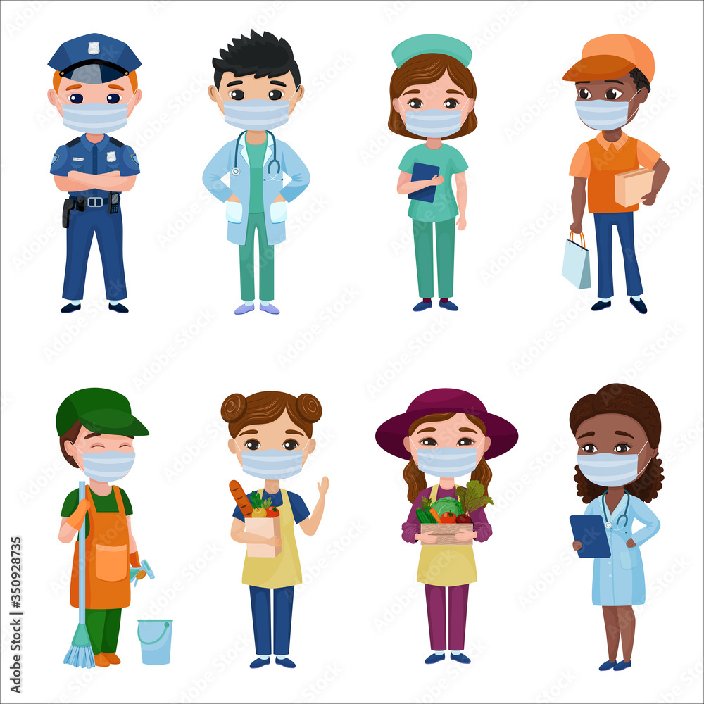 Essential workers cartoon charaters in flat style, Various occupations  isolated in white background. Vector illustration Stock Vector | Adobe Stock