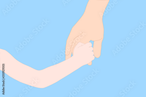 baby hand is holding father or mother finger with love and happy on the blue background. Family stay together. Holiday spending time. 