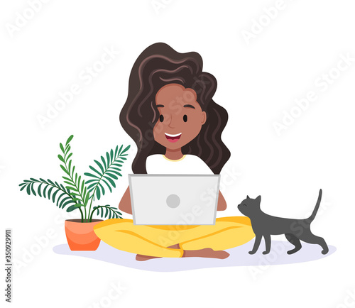 African black Woman Working at Home Office. Character Sitting in Room, Looking at Laptop Screen and Talking with Colleagues Online. Home Office Concept. Flat Isometric Vector Illustration.