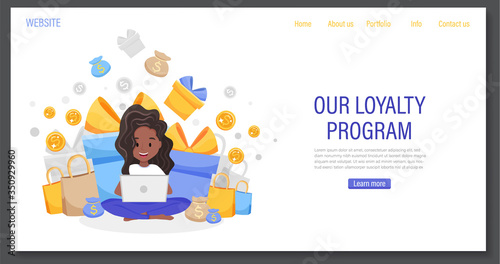 Online reward program banner with happy black African girl with laptop, receive gift box. Landing page template, ui, web, homepage. Customer loyalty marketing program. Flat cartoon vector illustration