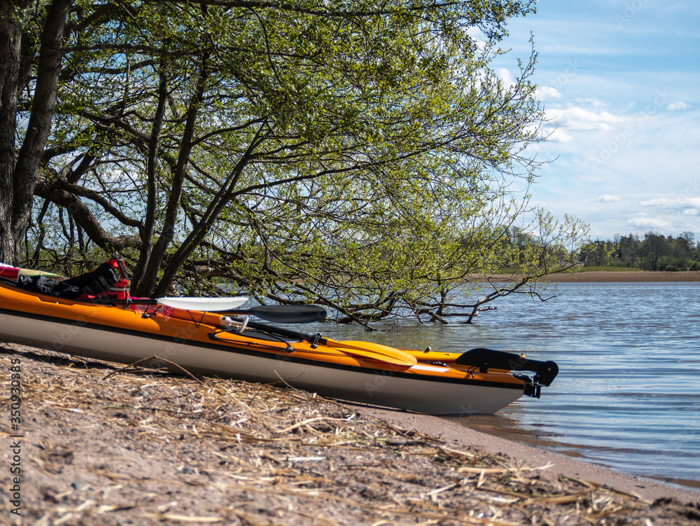 Fototapeta premium A canoe on an empty beach with a small tree in the background