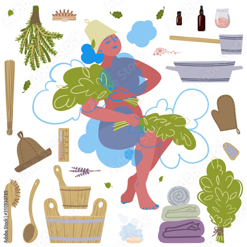 A large set of pictures on the theme of Taking steam in the bath. Vector illustration.
