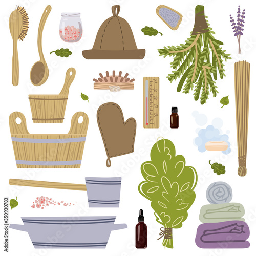A large set of pictures on the theme of Taking steam in the bath. Vector illustration.