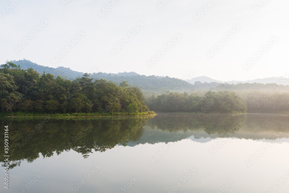 Beautiful nature and fog on the reservoir at Jetkod-Pongkonsao Natural Study in Saraburi Thailand