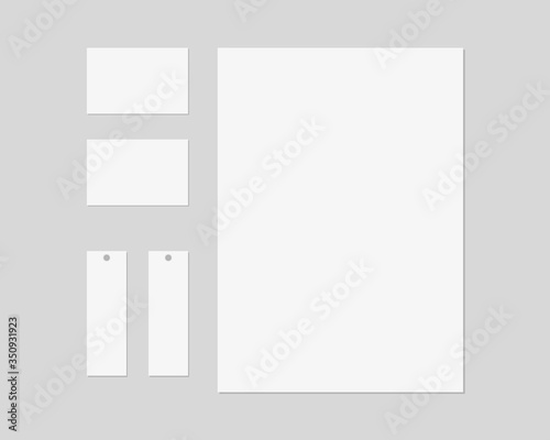Vector stationery mockup with paper, business cards, price tags. Branding stationery mockup scene. Corporate identity design. Mockup vector isolated. Template design. 