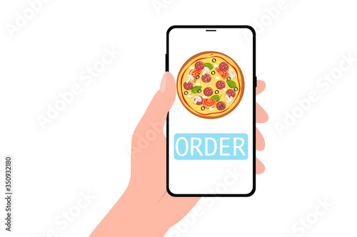 Ecommerce concept: order fast food online. Hand holding smartphone with pizza and button on screen. Vector flat cartoon illustration for advertisement, web sites, banners design. Delivery service.