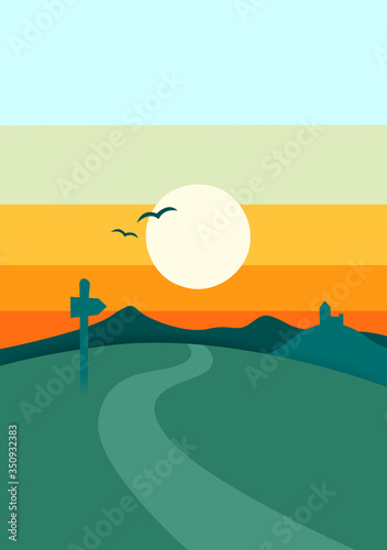 Sunset or sunrise in mountain, nature landscape background vector illustration