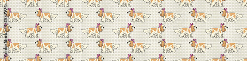 Hand drawn cute cocker spaniel dog with pink bow breed seamless vector border. Purebred pedigree domestic dog on paw background. Dog lover English hunting pet all over print. Kennel pooch. EPS 10. 