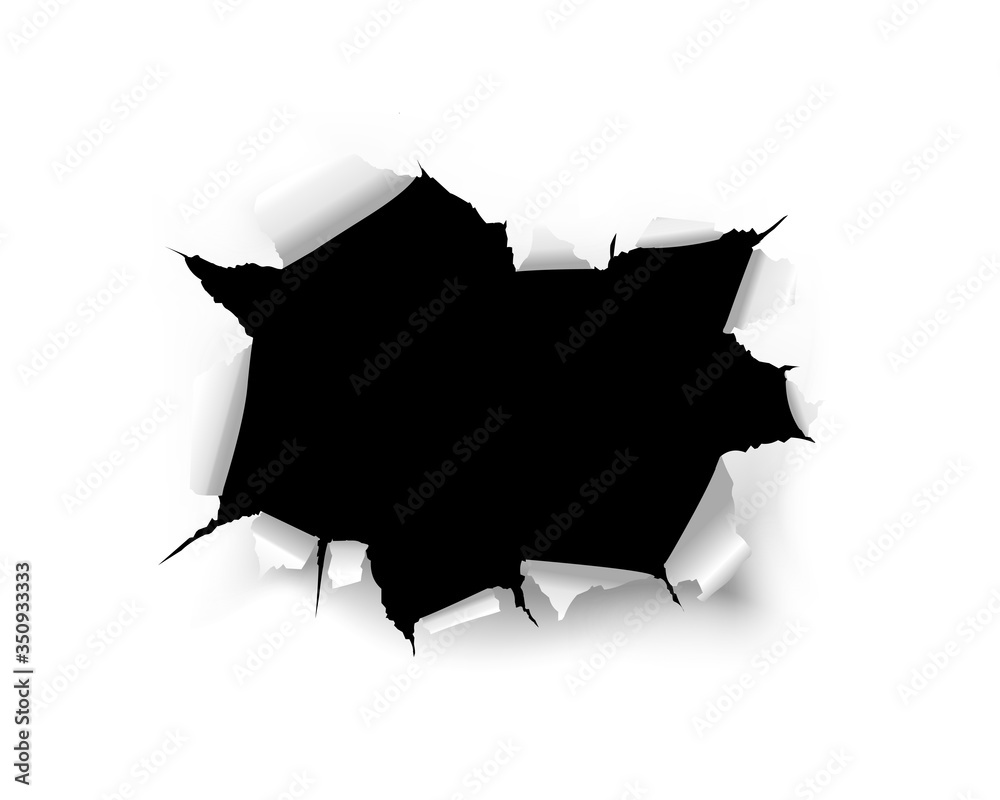 Torn black hole on a white background of a paper sheet - obrazy, fototapety, plakaty 