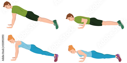 Man and woman doing push-UPS. Male and female characters in cartoon style.