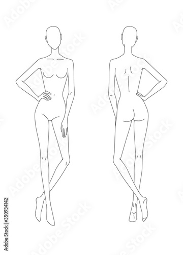 Sketch of the female body. Front and back view. Put your hands on the belt, legs crossed. Female body template for drawing clothes. You can print and draw directly on sketches. Fashion Illustration.