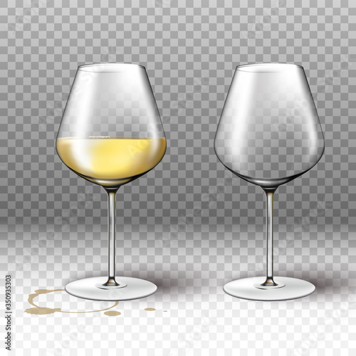 Isolated 3d realistic vector empty and full white wine glass on transparent background with stain for menu and restaurant lists.