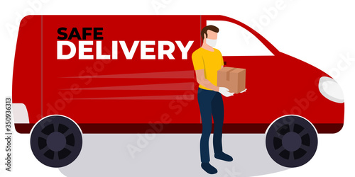Delivery man safe ordered. Quarantine coronavirus epidemic. Courier protected medical mask and gloves. Safe food delivery and stay home.
