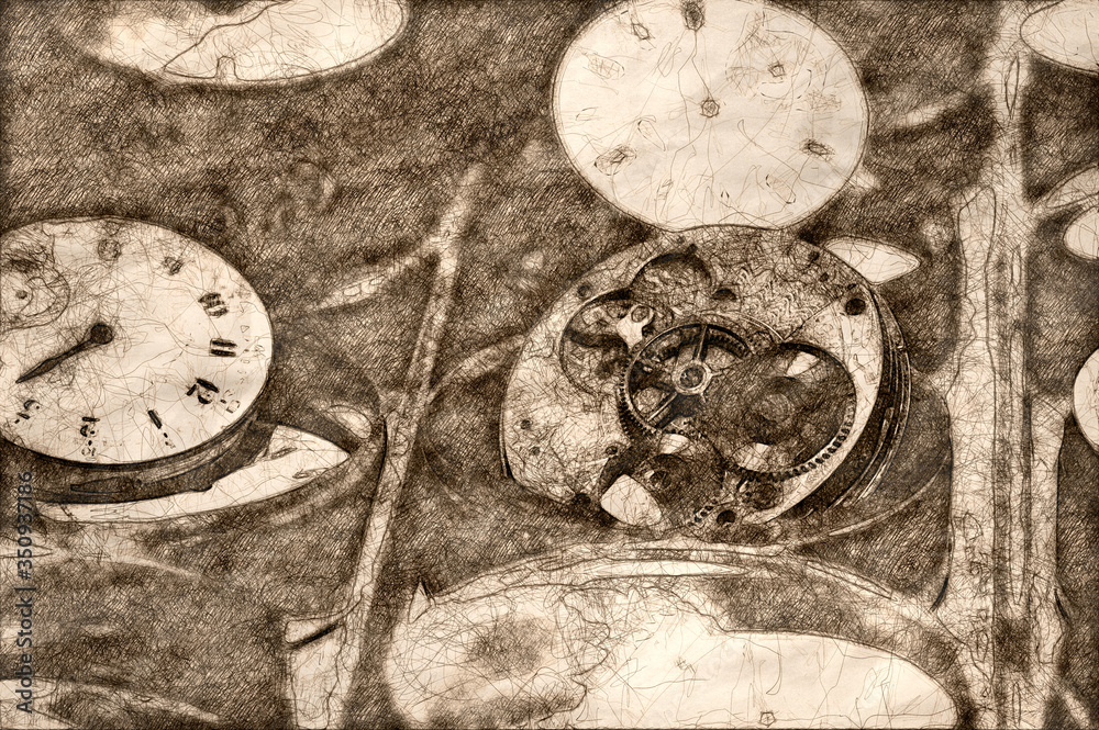 Sketch of a Watch Repair Shop: Effects of Time on Collection of Old, Broken and Discarded Watches