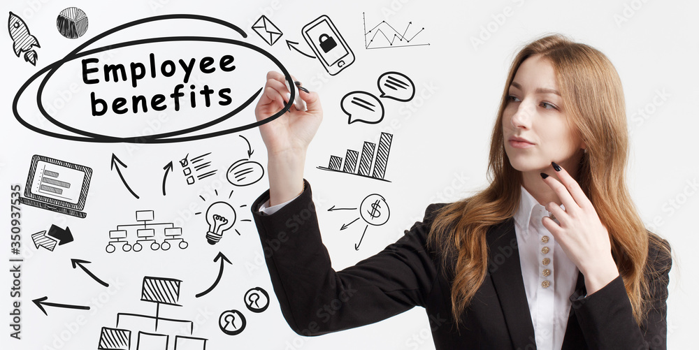 Business, technology, internet and network concept. Young businessman thinks over ideas to become successful: Employee benefits