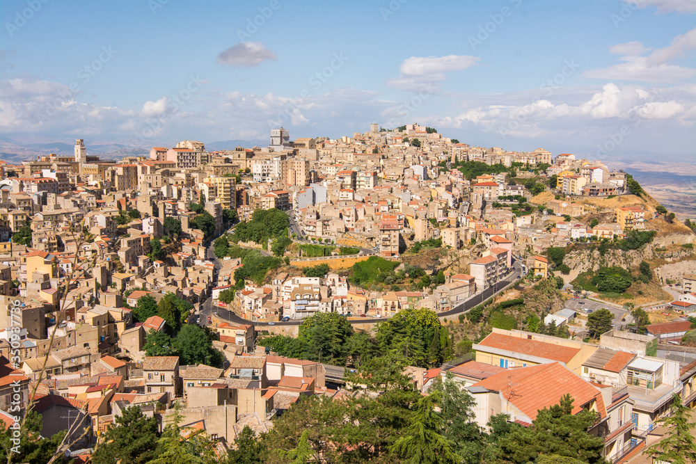 Panoramic aerial view of Enna old town, Sicily, Italy. Enna city located at the center of Sicily and is the highest Italian provincial capital