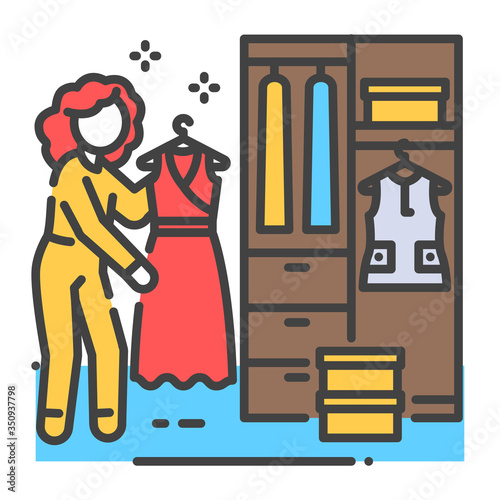 Woman standing in front of opened wardrobe with apparel hanging inside color line icon. Home leisure. Vector isolated illustration. Editable stroke.