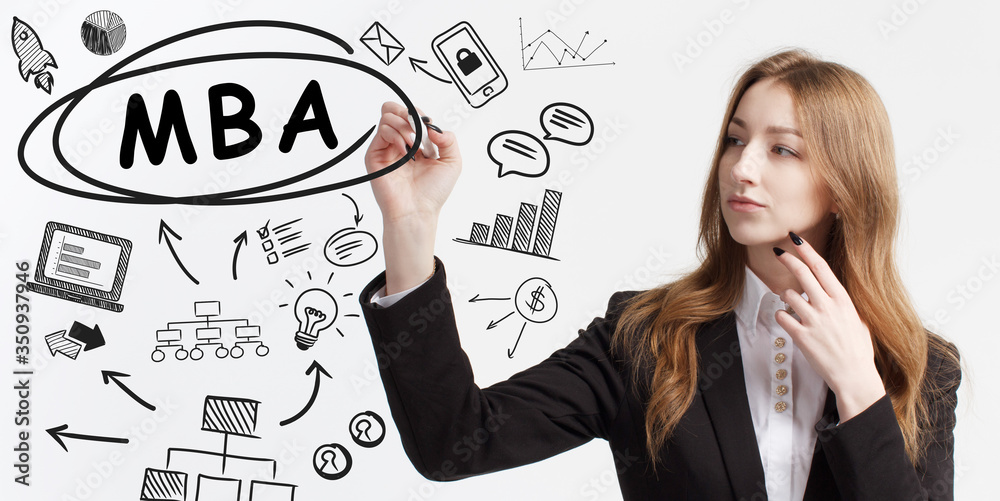 Business, technology, internet and network concept. Young businessman thinks over ideas to become successful: MBA