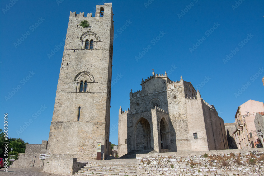 Erice, Sicily, Italy. External view of the Erice cathedral and bell tower, the main place of worship and mother church of Erice.