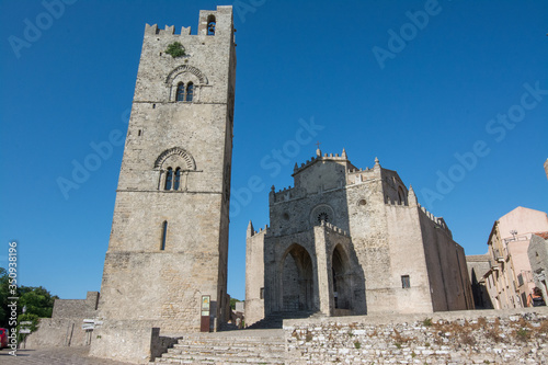 Erice  Sicily  Italy. External view of the Erice cathedral and bell tower  the main place of worship and mother church of Erice.