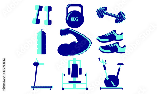 Fitness and gym equipment set, sports items vector icons. bodybuild Dumbbells, barbell, and bottle, training sneakers, cardio machines, bike illustration on a white background