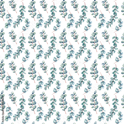 Watercolor seamless pattern with eucalyptus twigs on the white background.Hand painted watercolor clipart.