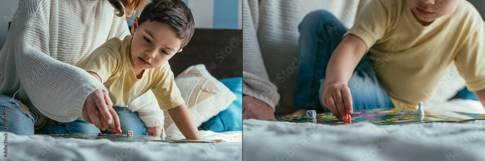 collage of mom and adorable son playing board game on bed together, horizontal image collage of mom and adorable son playing board game on bed together, horizontal image