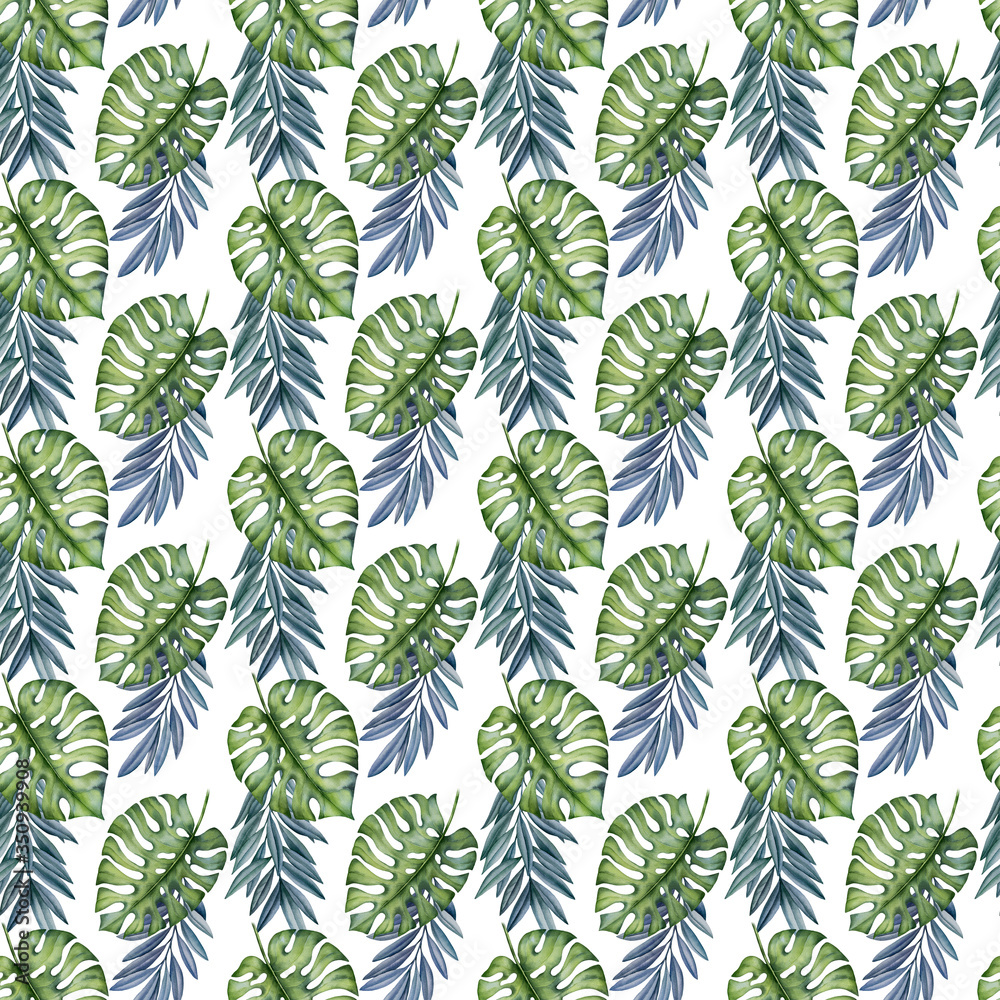 Watercolor seamless pattern with tropical leaves on the white background.Hand painted watercolor clipart. Watercolor seamless pattern with tropical leaves on the white background.Hand painted watercolor clipart.