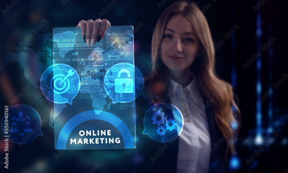 Business, Technology, Internet and network concept. Young businessman working on a virtual screen of the future and sees the inscription: Online marketing Business, Technology, Internet and network concept. Young businessman working on a virtual screen of the future and sees the inscription: Online marketing