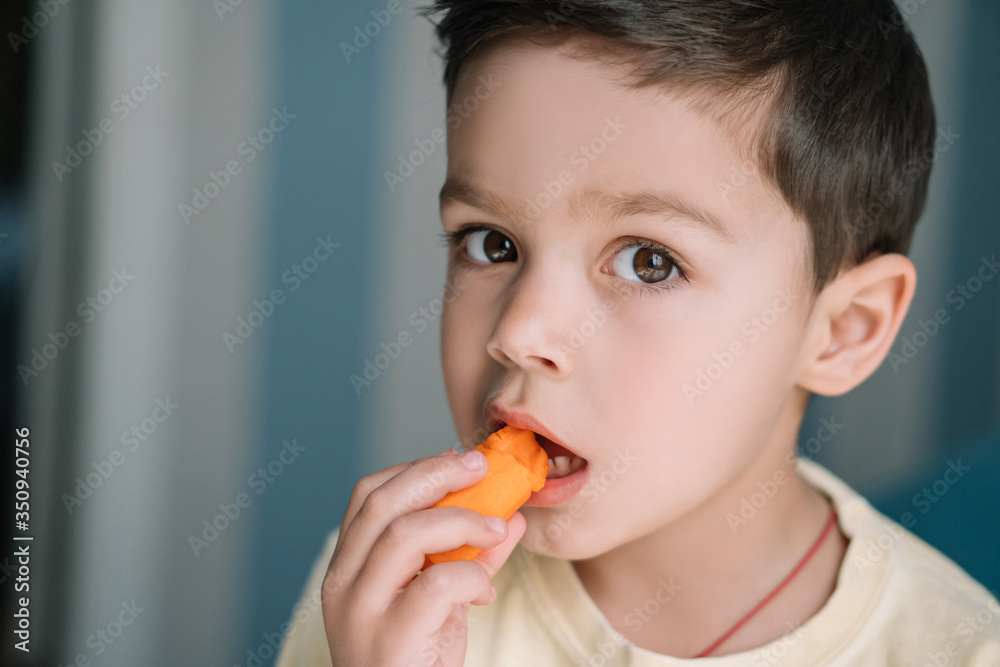 cute child eating fresh carrot and looking at camera cute child eating fresh carrot and looking at camera