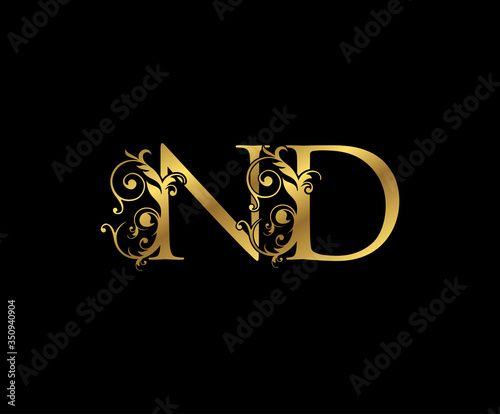 Luxury Gold N, D and ND Letter Floral logo. Vintage Swirl drawn emblem for weeding card, brand name, letter stamp, Restaurant, Boutique, Hotel.