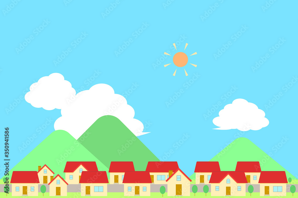 住宅街の風景　太陽、青空、雲、山
