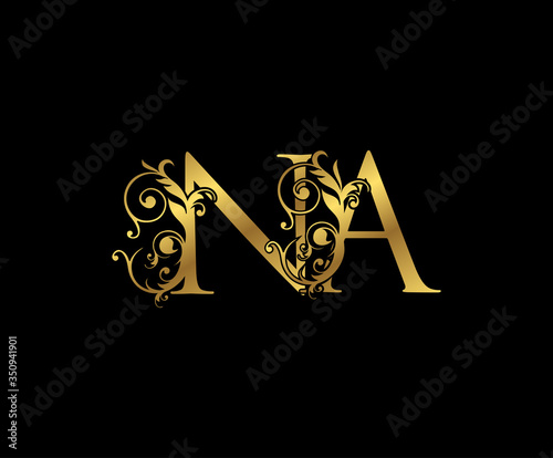 Luxury Gold N, A and NA Letter Floral logo. Vintage Swirl drawn emblem for weeding card, brand name, letter stamp, Restaurant, Boutique, Hotel.