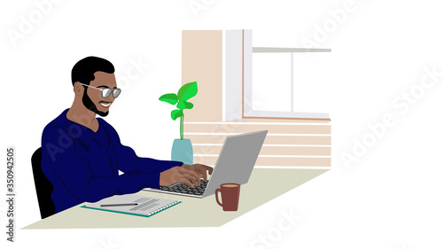 Business man working on laptop, remote work from home, home office concept, flat design vector illustration.  