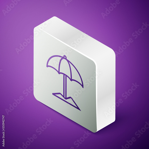 Isometric line Sun protective umbrella for beach icon isolated on purple background. Large parasol for outdoor space. Beach umbrella. Silver square button