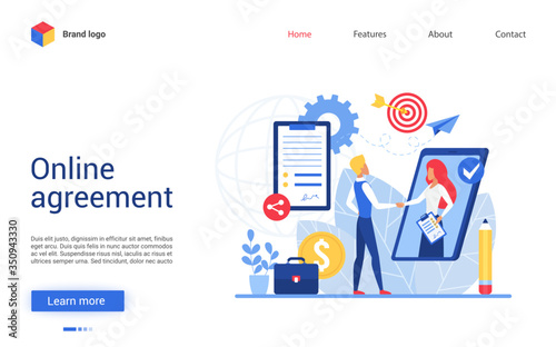 Online agreement vector illustration. Website interface creative design with cartoon flat partner people shaking hands, handshake through smartphone screen. Business partnership digital technology