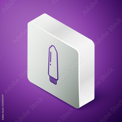 Isometric line Dildo vibrator for sex games icon isolated on purple background. Sex toy for adult. Vaginal exercise machines for intimate. Silver square button