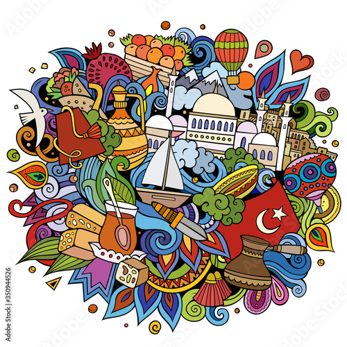 Turkey hand drawn cartoon doodles illustration. Funny travel design.