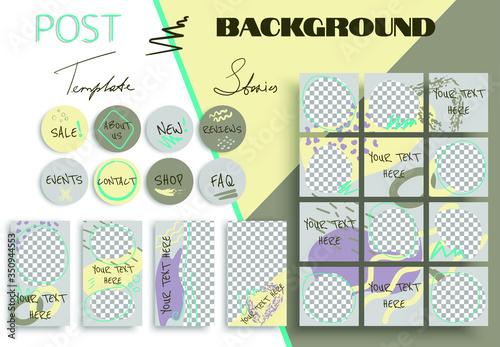 Set of the social media banners, including post background, stories template, hightlights. Mockup with pazzle style, fashionable doodle and brush strokes.