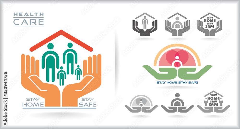 Health care for people and their families. A safe house represented by a slanted roof. A pair of hands signifying safety.