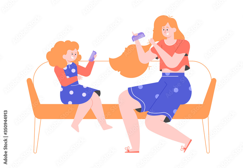 Mother and daughter comb hair. Red-haired woman and little girl are sitting together on the couch. Beauty and motherhood. Vector flat illustration.