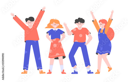 Group of children stands together in a line. Joyful happy boys and girls of school age. Vector flat illustration.