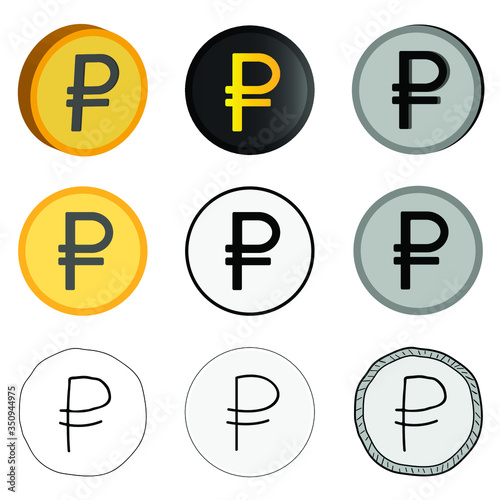 Vector illustration of the Russian currency, nine options for the ruble. Icons of the Russian ruble.